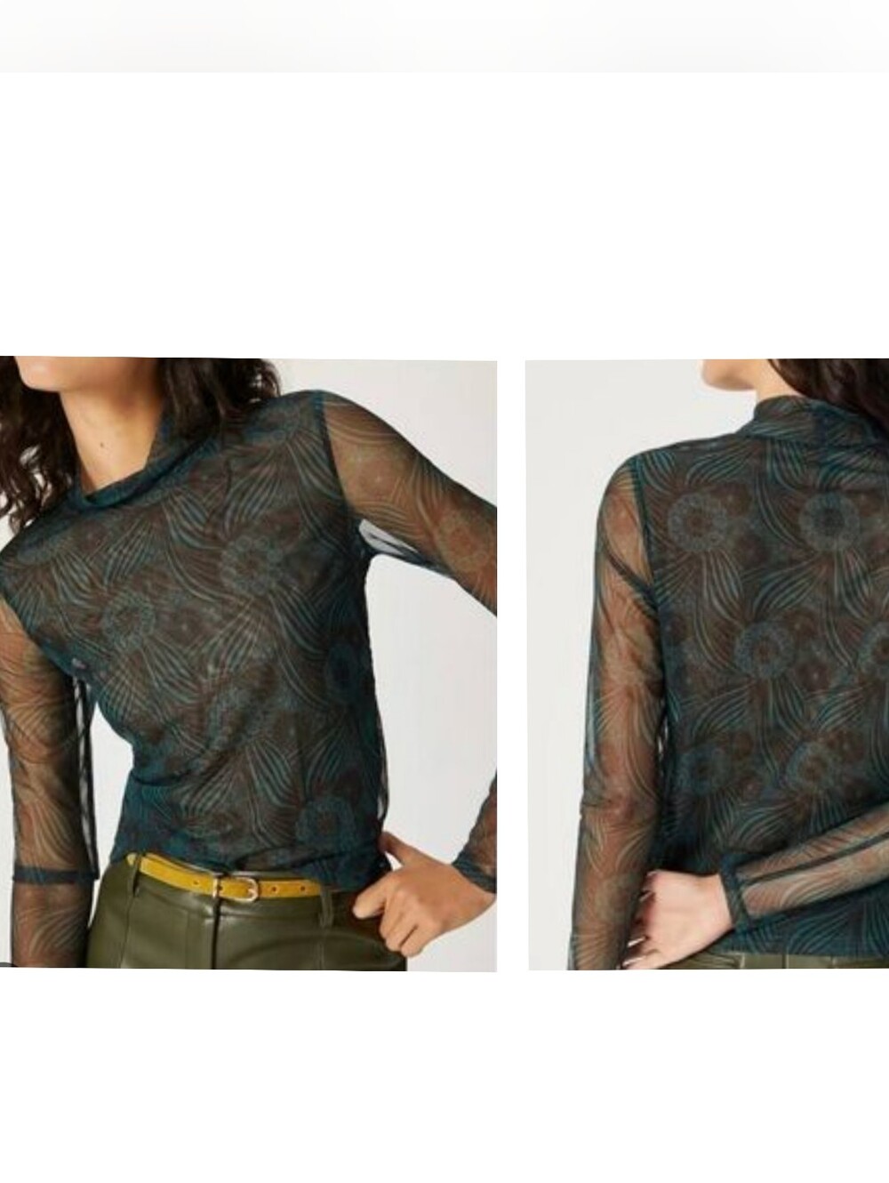 Anthropologie Black/Teal Sheer Floral-Pattern Mock Neck Long Sleeve Top